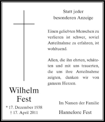 Traueranzeige von Wilhelm Fest von Rheinische Post