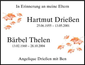 Traueranzeige von Hartmut Drießen und Bärbel Thelen von Rheinische Post