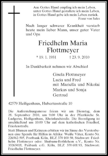 Traueranzeige von Friedhelm Maria Flottmeyer von Rheinische Post