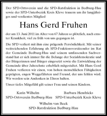 Traueranzeige von Hans Gerd Fruhen von Rheinische Post