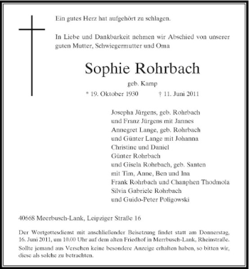 Traueranzeige von Sophie Rohrbach von Rheinische Post