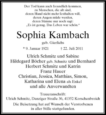 Traueranzeige von Sophia Kambach von Rheinische Post