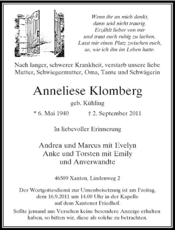 Traueranzeige von Anneliese Klomberg von Rheinische Post