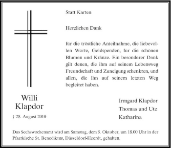 Traueranzeige von Willi Klapdor von Rheinische Post