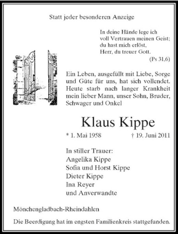 Traueranzeige von Klaus Kippe von Rheinische Post