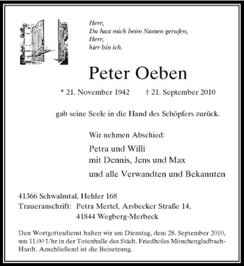 Traueranzeige von Peter Oeben von Rheinische Post