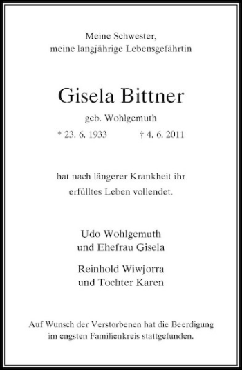 Traueranzeige von Gisela Bittner von Rheinische Post