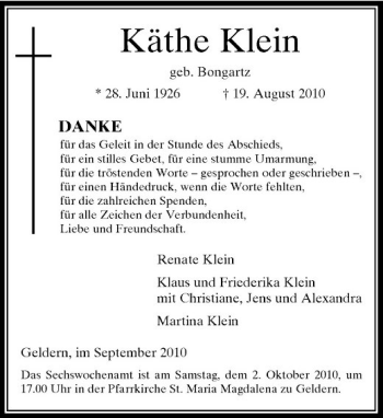 Traueranzeige von Käthe Klein von Rheinische Post