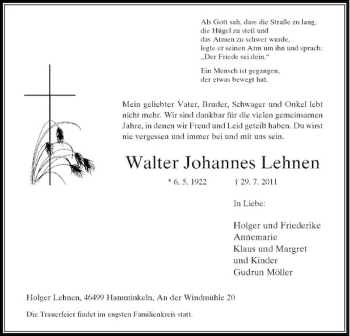 Traueranzeige von Walter Johannes Lehnen von Rheinische Post
