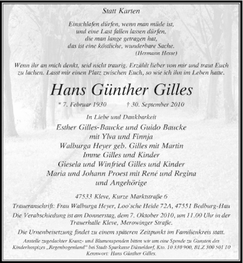 Traueranzeige von Hans Günther Gilles von Rheinische Post