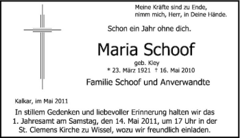 Traueranzeige von Maria Schoof von Rheinische Post