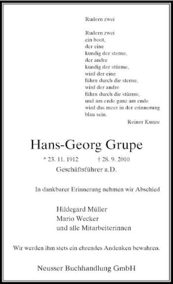Traueranzeige von Hans-Georg Grupe von Rheinische Post
