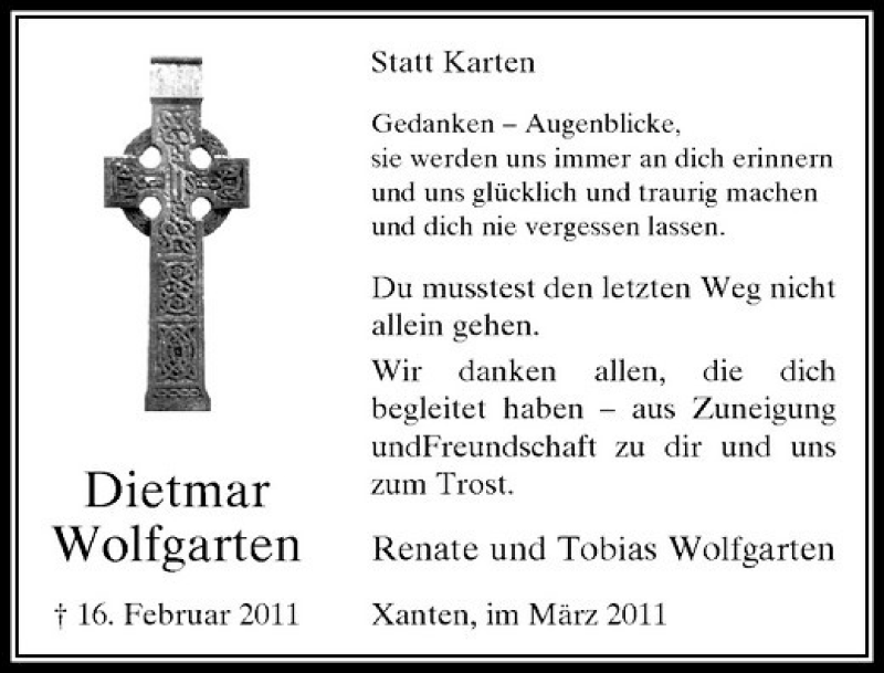  Traueranzeige für Dietmar Wolfgarten vom 19.03.2011 aus Rheinische Post