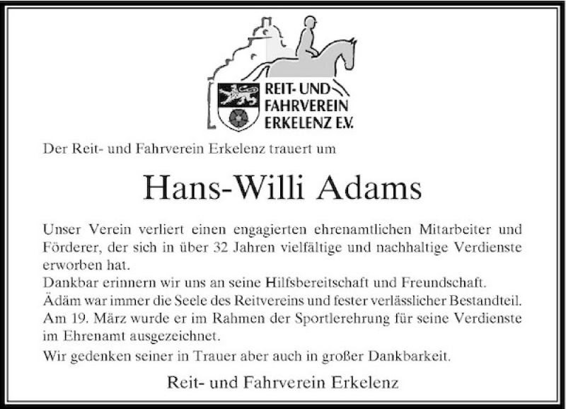  Traueranzeige für Hans-Willi Adams vom 13.10.2010 aus Rheinische Post