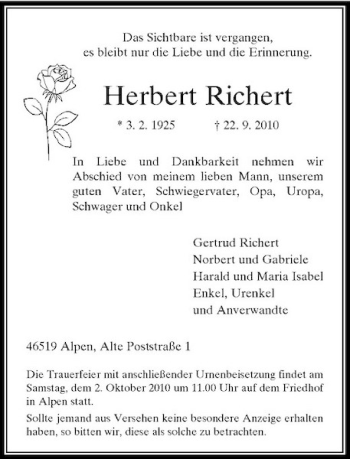 Traueranzeige von Herbert Richert von Rheinische Post