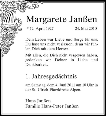 Traueranzeige von Margarete Janßen von Rheinische Post