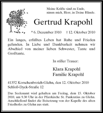 Traueranzeige von Gertrud Krapohl von Rheinische Post