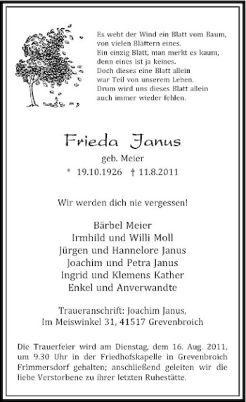 Traueranzeige von Frieda Janus von Rheinische Post