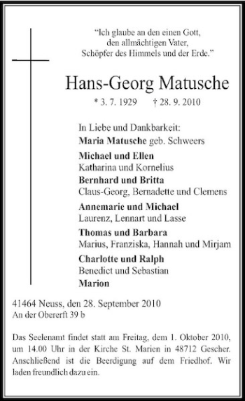 Traueranzeige von Hans-Georg Matusche von Rheinische Post