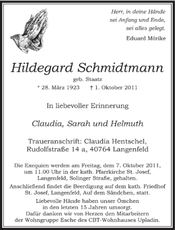 Traueranzeige von Hildegard Schmidtmann von Rheinische Post