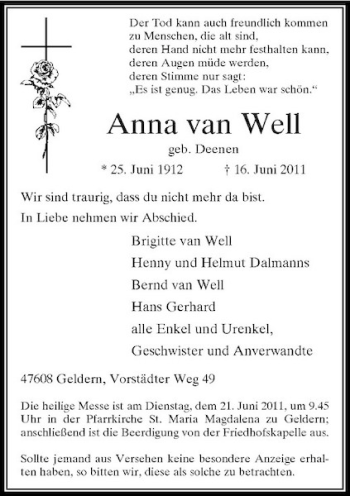 Traueranzeige von Anna van Well von Rheinische Post