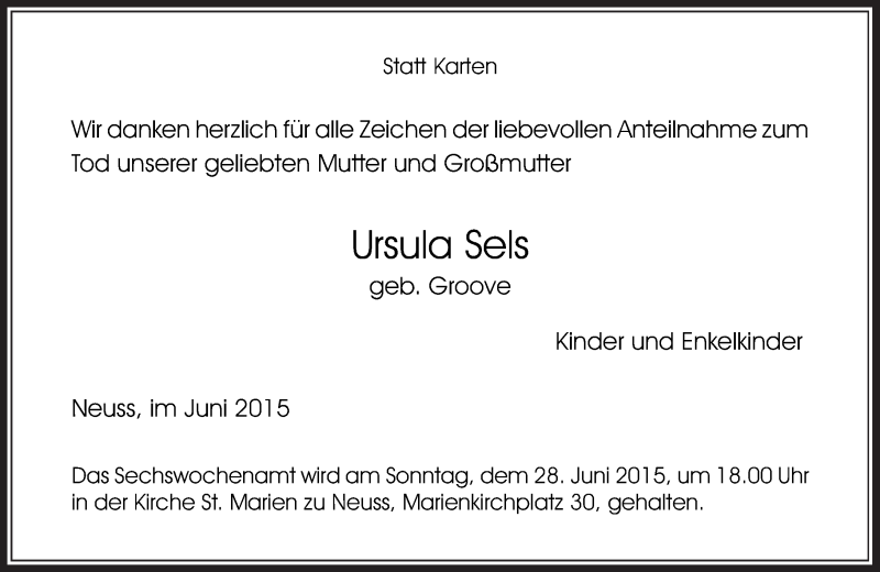  Traueranzeige für Ursula Sels vom 13.06.2015 aus Rheinische Post