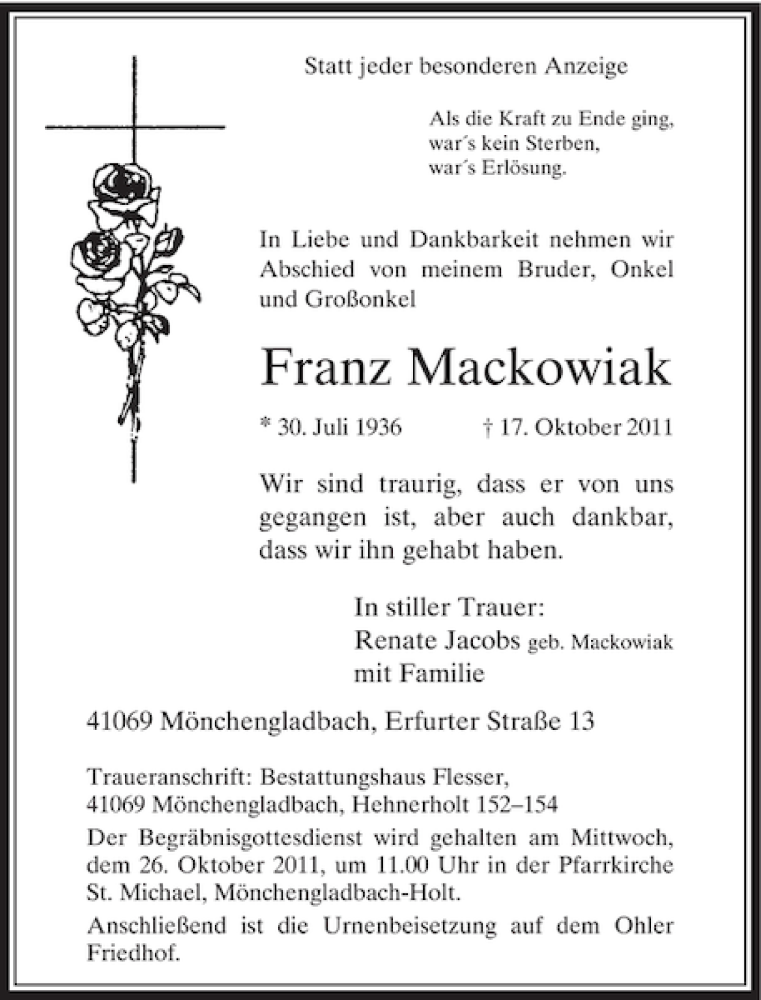 Alle Traueranzeigen Für Franz Mackowiak | Trauer.rp-online.de