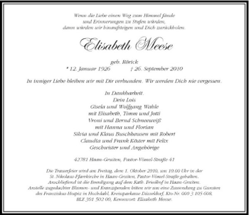 Traueranzeige von Elisabeth Meese von Rheinische Post