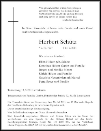 Traueranzeige von Herbert Schütz von Rheinische Post