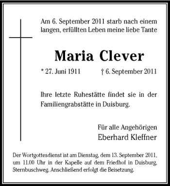 Traueranzeige von Maria Clever von Rheinische Post