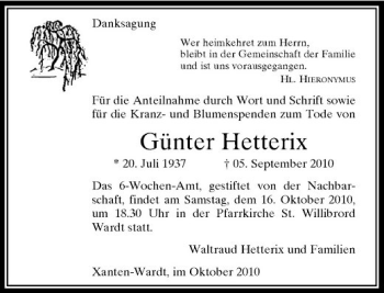 Traueranzeige von Günter Hetterix von Rheinische Post