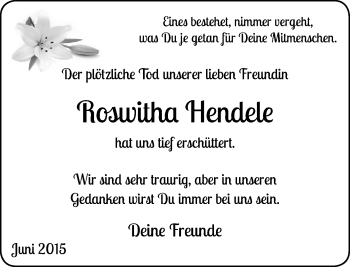 Traueranzeige von Roswitha Hendele von Rheinische Post