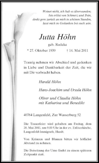 Traueranzeige von Jutta Höhn von Rheinische Post