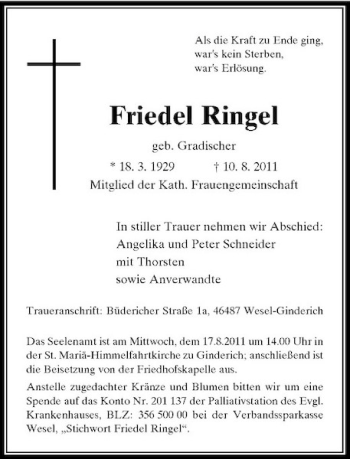 Traueranzeige von Friedel Ringel von Rheinische Post