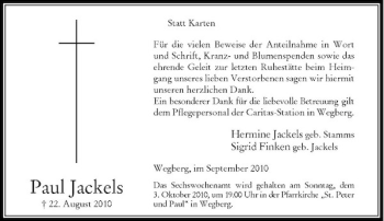 Traueranzeige von Paul Jackels von Rheinische Post