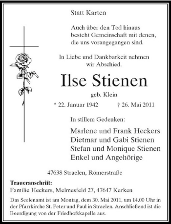 Traueranzeige von Ilse Stienen von Rheinische Post