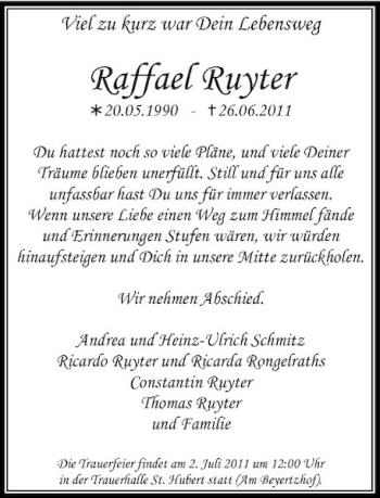 Traueranzeige von Raffael Ruyter von Rheinische Post