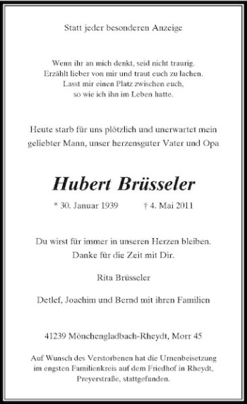 Traueranzeige von Hubert Brüsseler von Rheinische Post