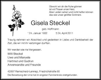 Traueranzeige von Gisela Steckel von Rheinische Post