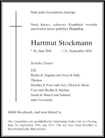 Traueranzeige von Hartmut Stockmann von Rheinische Post