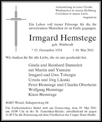 Traueranzeige von Irmgard Hemstege von Rheinische Post