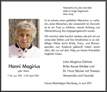 Traueranzeige von Hanni Magirius von Rheinische Post