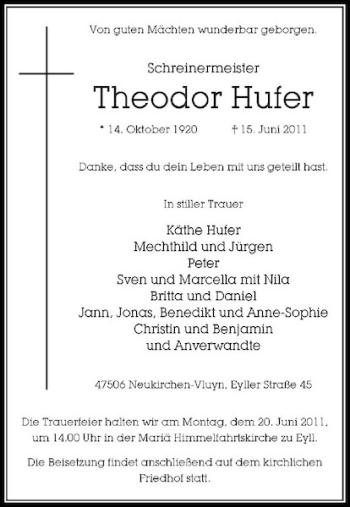 Traueranzeige von Theodor Hufer von Rheinische Post
