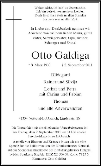 Traueranzeige von Otto Galdiga von Rheinische Post