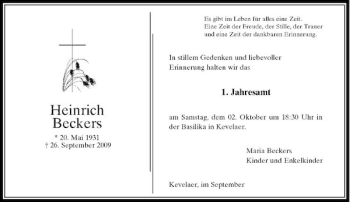 Traueranzeige von Heinrich Beckers von Rheinische Post