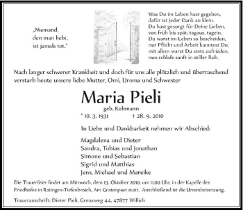Traueranzeige von Maria Pieli von Rheinische Post