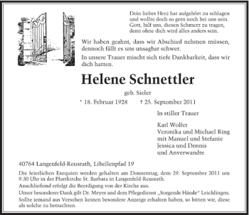 Traueranzeige von Helene Schnettler von Rheinische Post