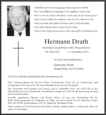 Traueranzeige von Hermann Drath von Rheinische Post