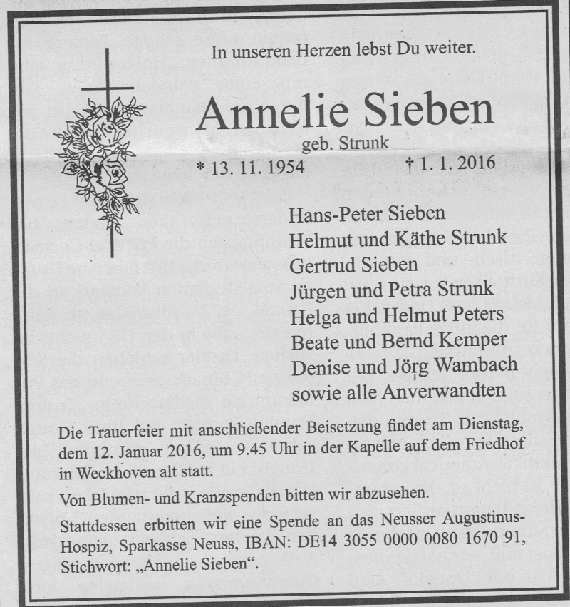  Traueranzeige für Annelie Sieben vom 08.01.2016 aus Rheinische Post