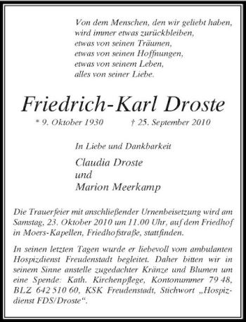 Traueranzeige von Friedrich-Karl Droste von Rheinische Post